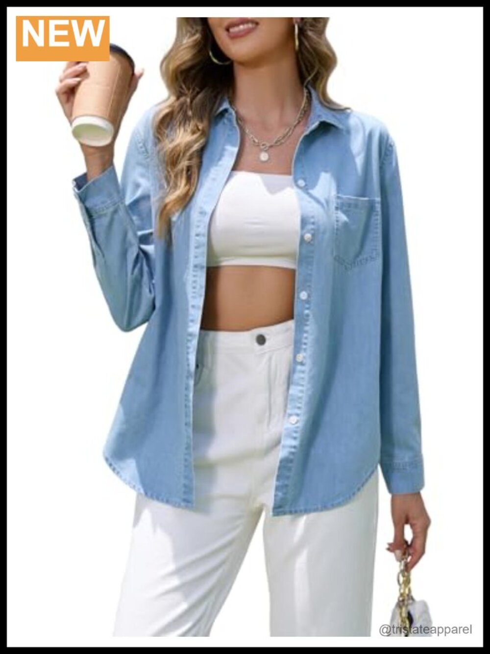 Women's Long Sleeve Denim Shirt Button Down Chambray Blouse Cotton Blend